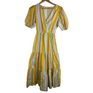 Love Colette Womens Maxi Dress W/ Puff Sleeves & V-Neck Size Large Multicolor